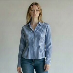 Joes Jeans Womens Blue White Striped Pleated Button Down Shirt Top LS M Tailored